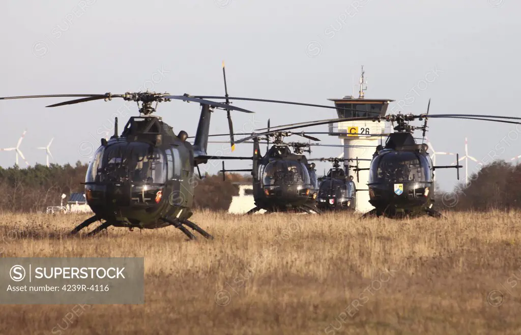 German Army Bo-105 helicopters during Exercise Bora 2011 on the ex-soviet airfield of Stendal, Germany.