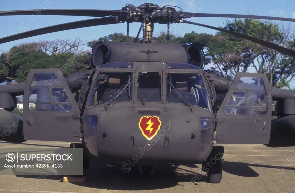 Front view of an Army HH-60 helicopter on display during the RIMPAC Exercise military demonstration on Ford Island at Pearl Harbor Naval Station on Oahu, HIawaii.