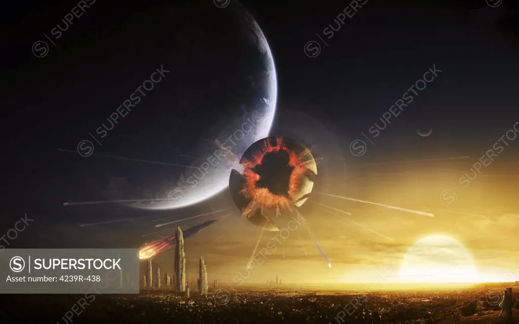 An apocalyptic scene showing a gravity caused destruction of a moon