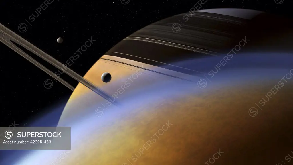 The ringed giant Saturn rises above the haze of Titan, the only moon in the solar system with a substantial atmosphere