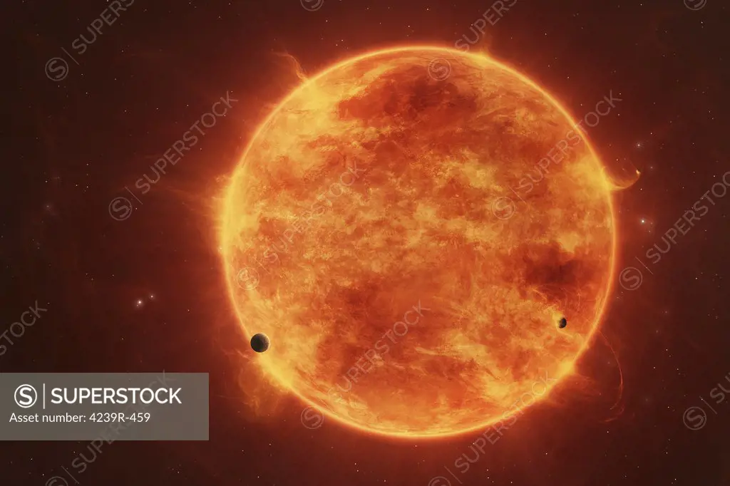 A massive red dwarf consuming planets within it's range