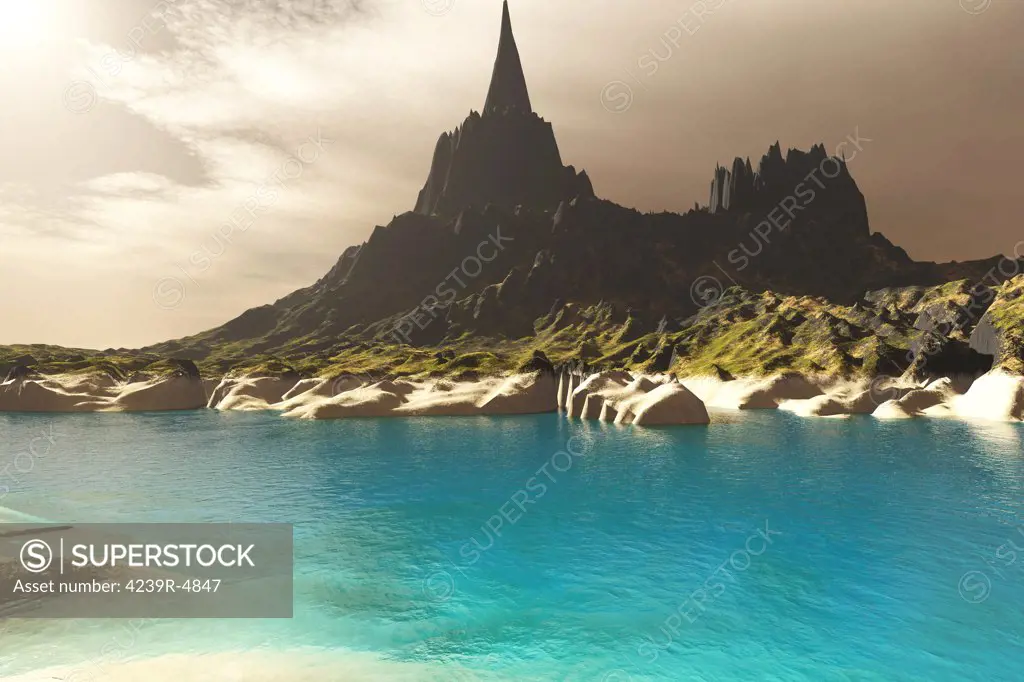 Turquoise waters of this sea inlet enhance the striking features of a nearby mountain spire.