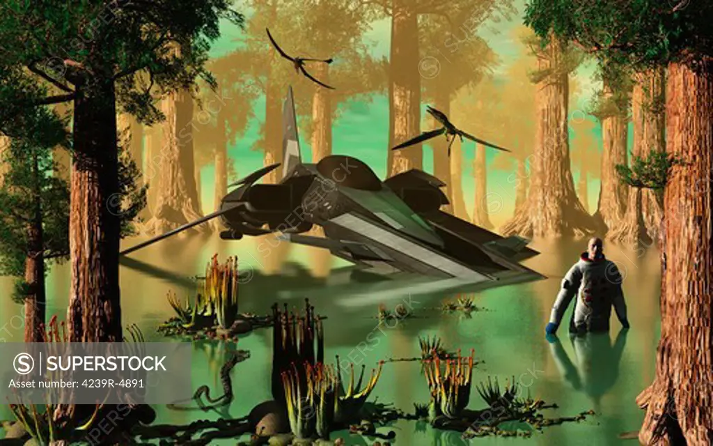 A human astronaut wades through the swamp-like waters of an alien world, where he was forced to make an emergency landing.