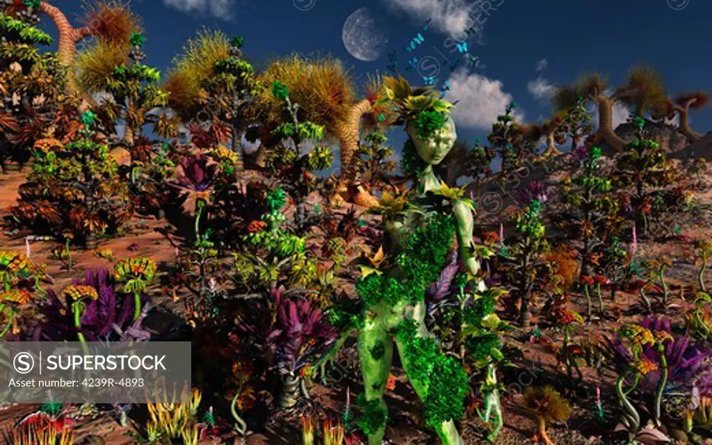 An alien being stands in its garden blending into the beautiful colorful environment on a world where all life shares a communical consciousness.
