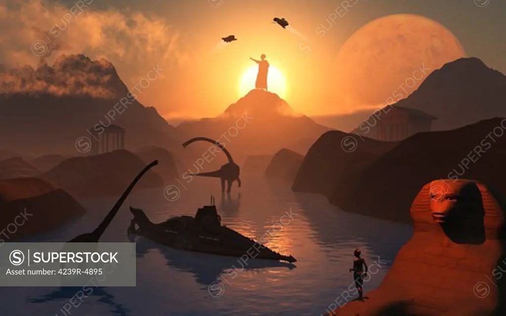 The fabled City of Atlantis set in the time of the dinosaurs, during Earth's long distant prehistoric past.