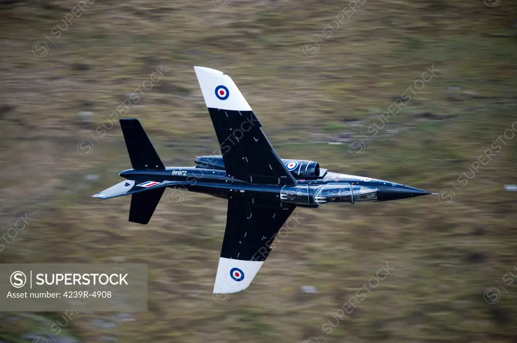 Alpha Jet of the Royal Air Force low level flying in the mach loop, North Wales, United Kingdom.
