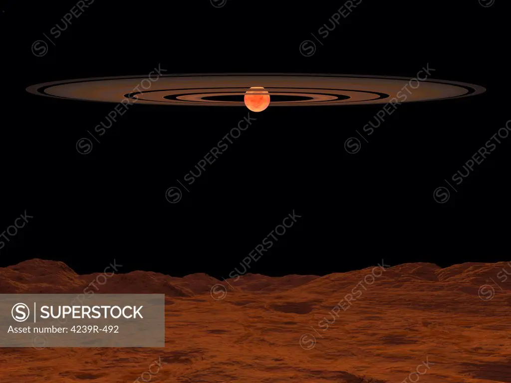 View from a small, barren hypothetical planet orbiting obliquely to the plane of massive dust rings surrounding a brown dwarf of about 60 Jupiter masses
