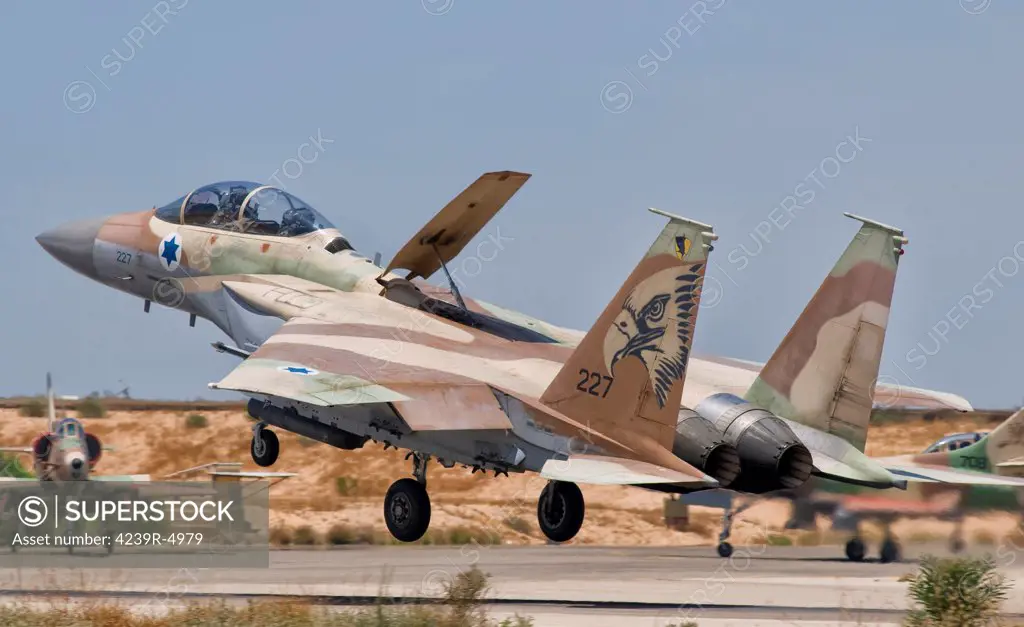 A Boeing F-15I Ra'am taking off from Hatzerim Air Base, Israel. The F-15I Raam is without question the meanest strike fighter in the arsenal of the Israeli Air Force.