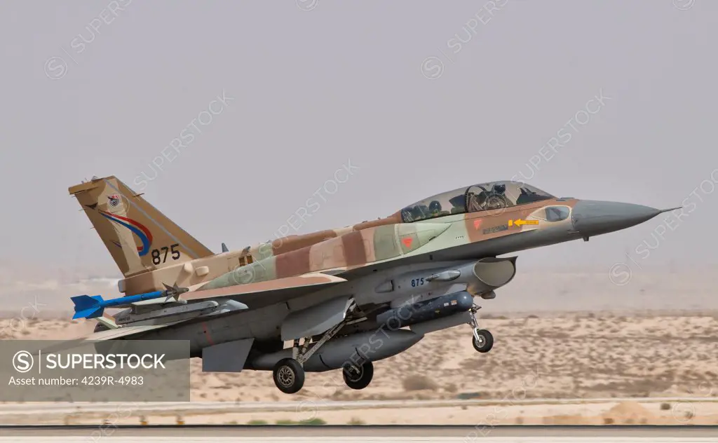 Lockeed Martin F-16I Sufa Fighting Falcon of the Israeli Air Force taking off from Ramon Air Base, Israel.