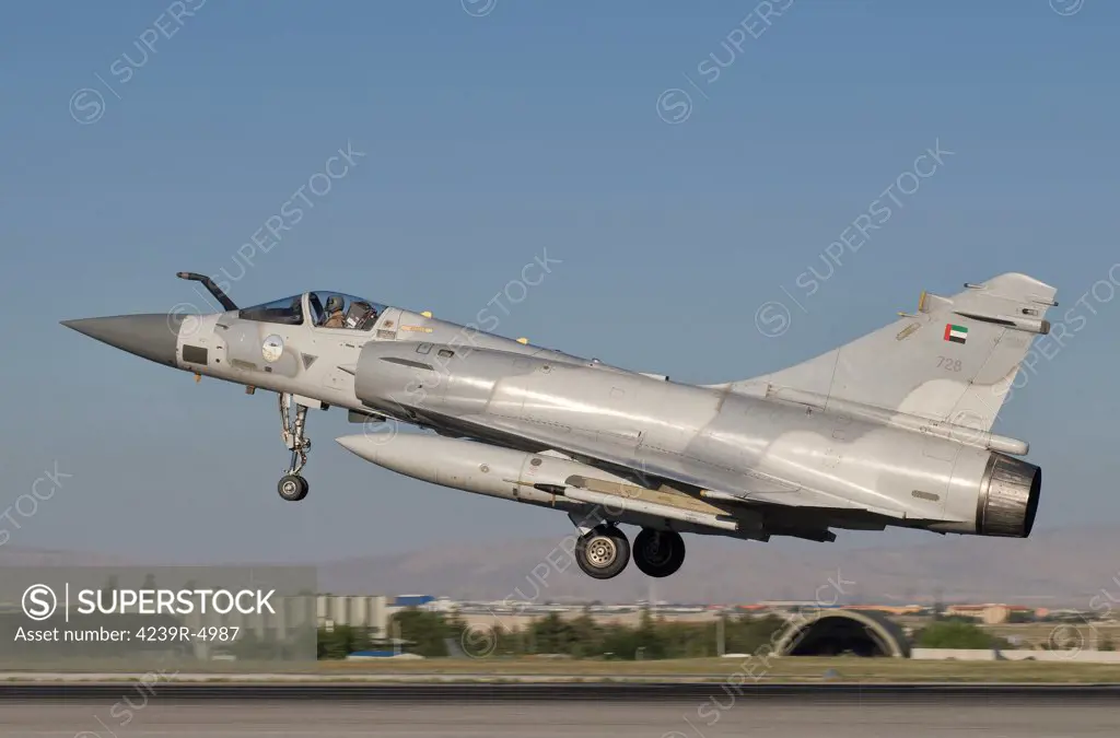 A Dassault Mirage 2000-9 of the United Arab Emirates Air Force takes off from Konya Air Base, Turkey.