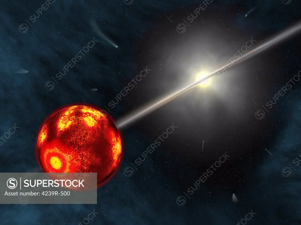 This rendering suggests how the newly formed Earth and sun may have appeared shortly after the Sun's heat and solar wind cleared the inner solar system of cooler gases