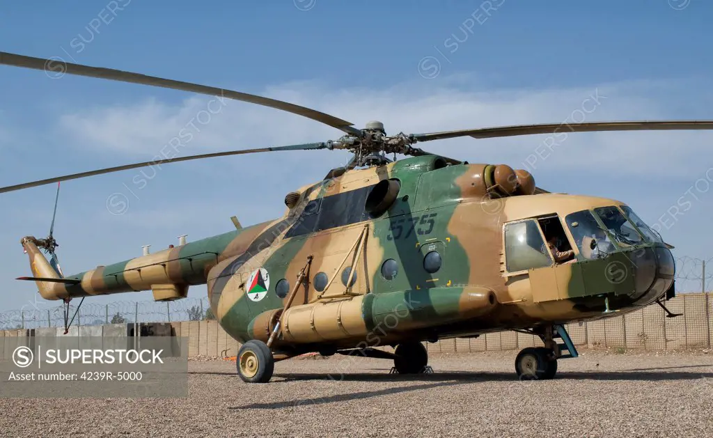 An Afghan Air Force MI-17 helicopter on the ramp at Shindand Air Base, Afghanistan.