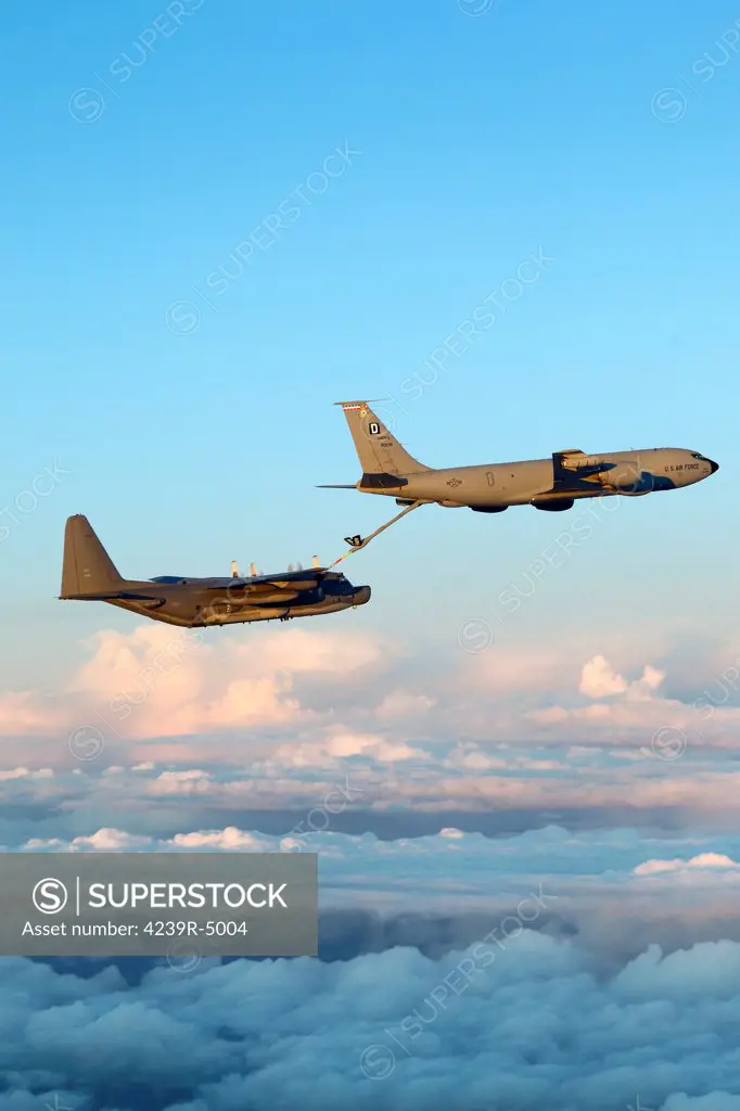 A MC-130H Combat Talon II of the 7th Special Operations Squadron being refueled by a KC-135R Stratotanker of the 351st Aerial Refueling Squadron of the100th Aerial Refueling Wing. Both units are based at RAF Mildenhall in the United Kingdom. The photo was made in December 2011 over East Anglia, United Kingdom.