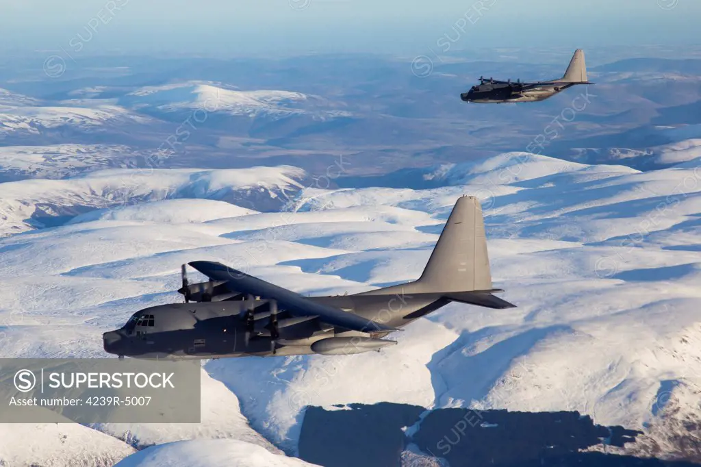 MC-130P Combat Shadow and MC-130H Combat Talon  over Scottish snow covered mountains, December 2011. The aircraft is assigned to the 352nd Special Operations Group based at RAF Mildenhall, UK,