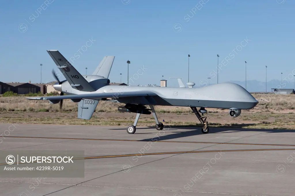 An MQ-9 Reaper taxi's to the runway at Holloman Air Force Base, New Mexico.