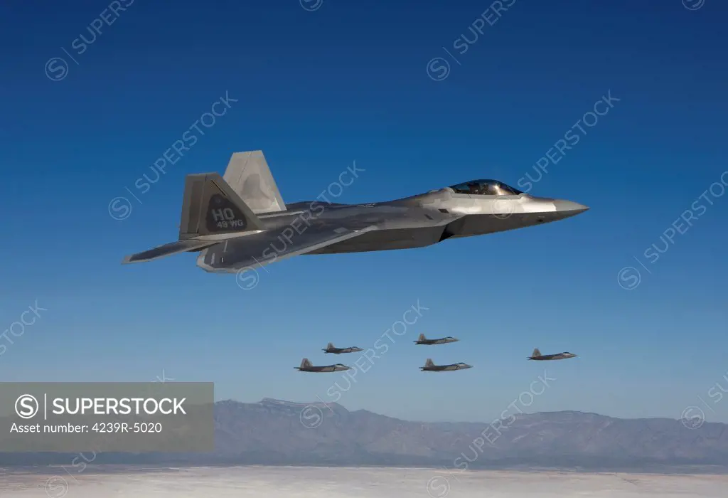 Six F-22 Raptors fly in formation during a training mission from Holloman Air Force Base, New Mexico.
