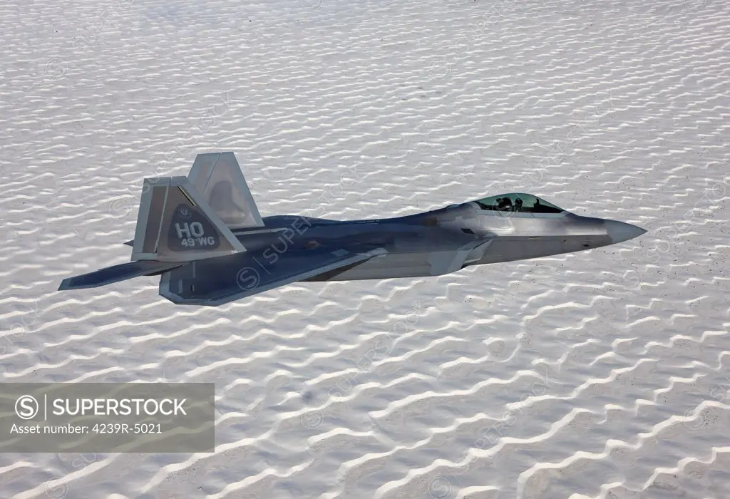 An F-22 Raptor flies around Southern New Mexico on a training mission out of Holloman Air Force Base, New Mexico.