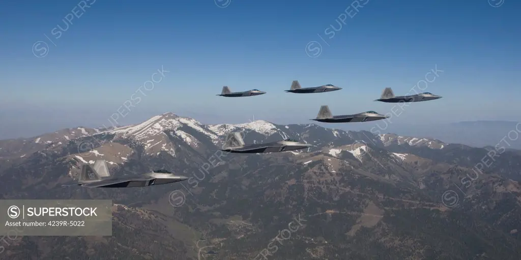 Six F-22 Raptors fly in formation during a training mission from Holloman Air Force Base, New Mexico.