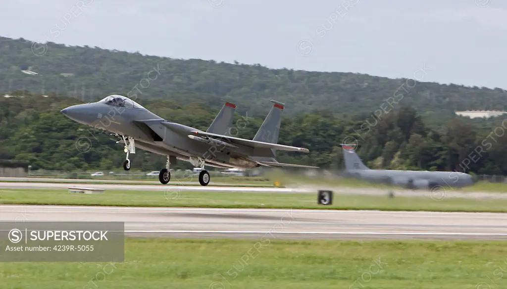 An 18th Wing F-15 Eagle takes off on a training mission at Kadena Air Base, Okinawa.