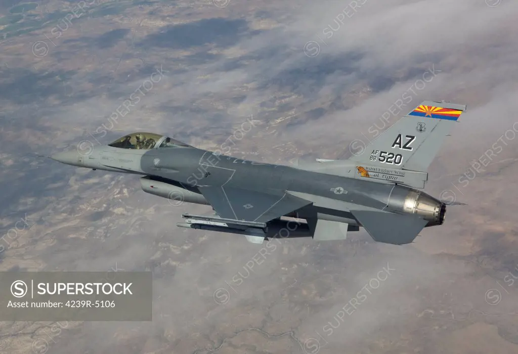 An F-16 Fighting Falcon from the 162nd Fighter Wing maneuvers during a training mission out of Tucson, Arizona.