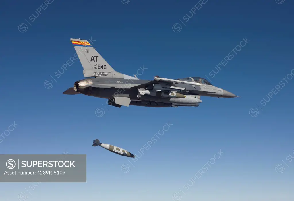 An F-16 Fighting Falcon from the Air National Guard Air Force Reserve Test Center releases a GBU-31 JDAM during to a test mission.