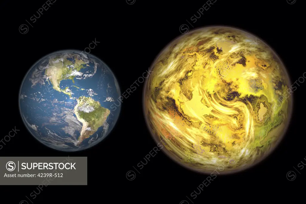 Illustration comparing the size of extrasolar planet Gliese 581 c (right) with that of the Earth (left)