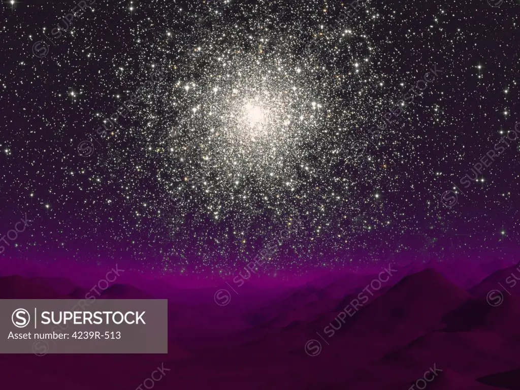 Illustration of a globular cluster over the terrain of a barren planet