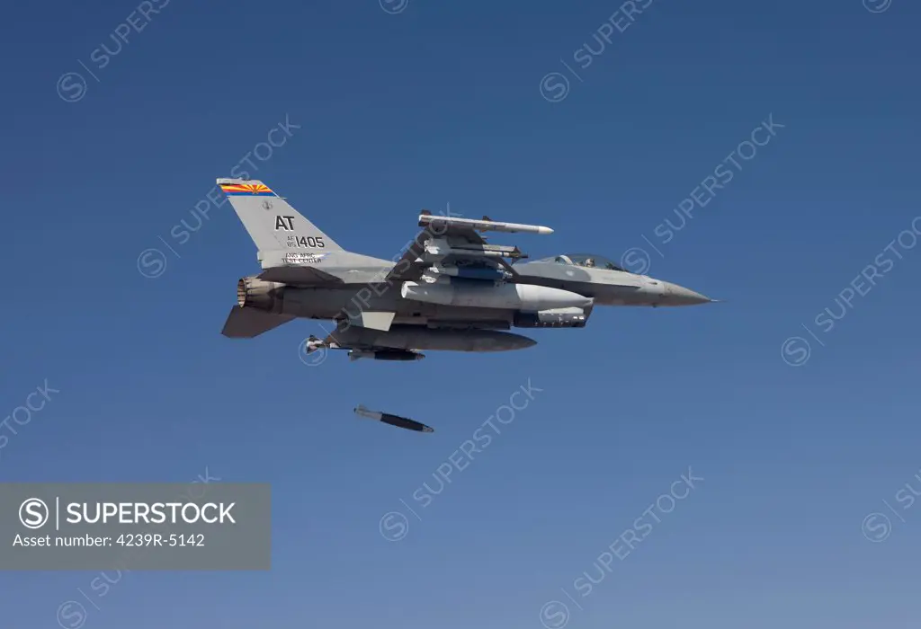 An F-16 Fighting Falcon from the Air National Guard Air Force Reserve Test Center releases a GBU-38 JDAM during a test mission.