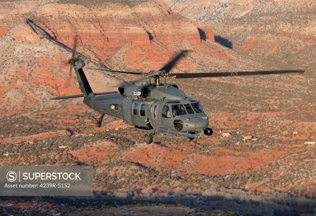 An HH-60G Pave Hawk from the 512th RQS flies a low level route during a training mission out of Kirtland Air Force Base, New Mexico.