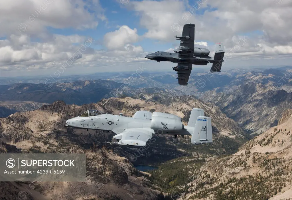 Two A-10 Thunderbolt's from the 124th Fighter Wing's 190th Fighter Squadron fly over the Sawtooth Mountains in Central Idaho.