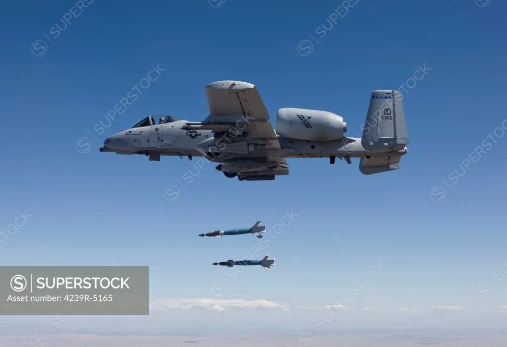 An A-10C Thunderbolt from the 190th Fighter Squadron releases two GBU-12 Laser Guided Bombs during a training mission out of Boise, Idaho.