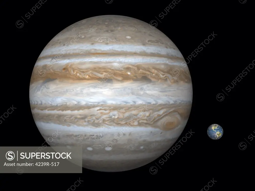 Artist's concept comparing the size of the gas giant Jupiter (left) with that of the Earth (right)