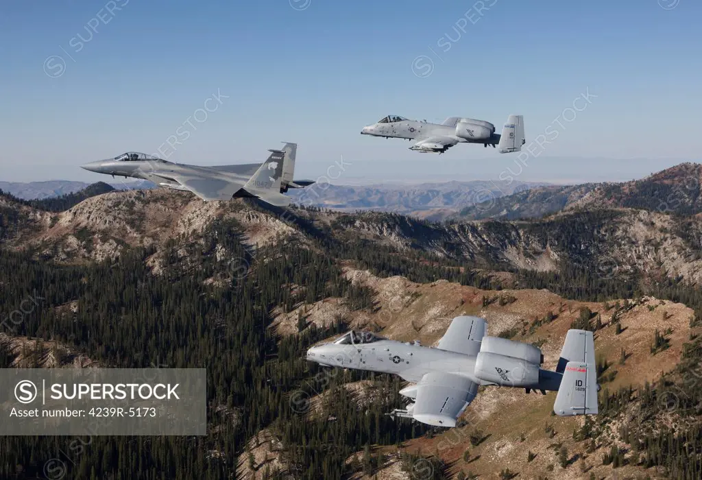 An F-15 Eagle from the 173rd Fighter Wing flies in formation with two A-10 Thunderbolt's from the 124th Fighter Wing over Central Idaho.