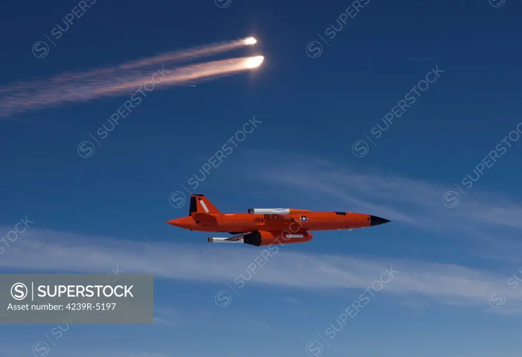 A BQM-74 target drone fires flares during Weapons System Evaluation Program at Tyndall Air Force Base, Florida.