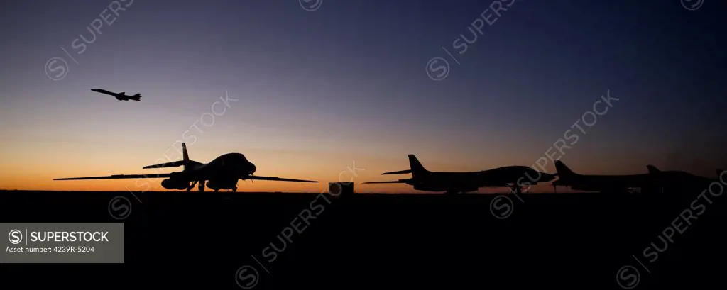 A B-1B Lancer takes off at sunset from Dyess Air Force Base, Texas.