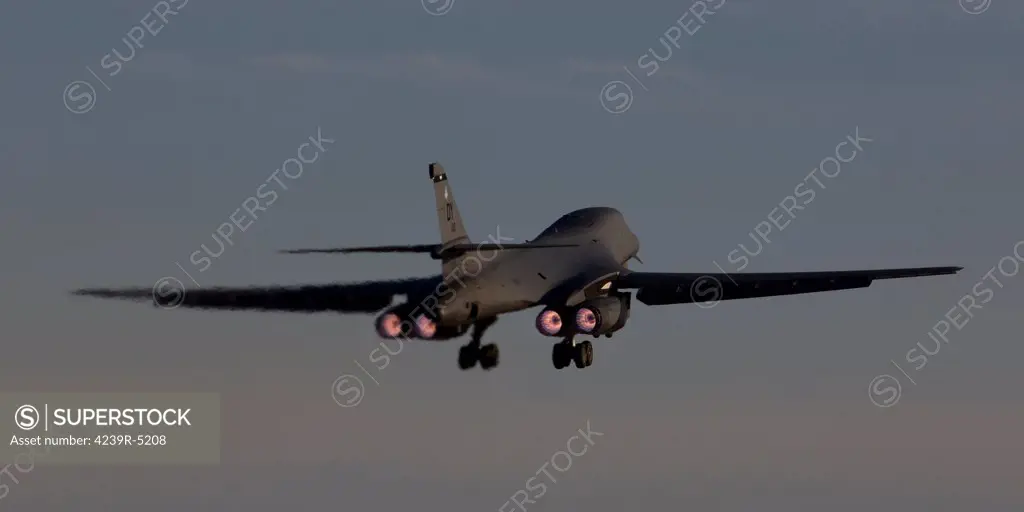 A 7th Bomb Wing B-1B Lancer takes off at sunset from Dyess Air Force Base, Texas.