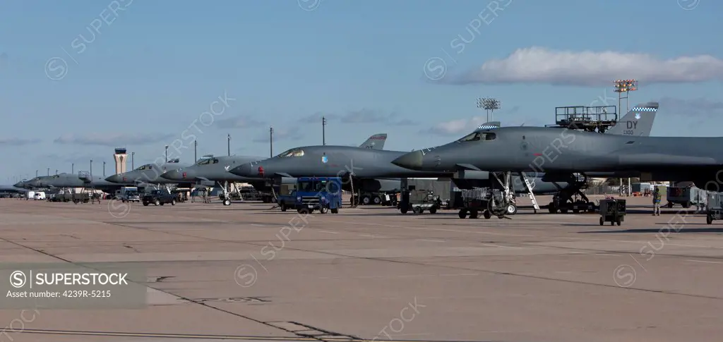 A long line up of 7th Bomb Wing B-1B Lancers on the ramp at Dyess Air Force Base, Texas.