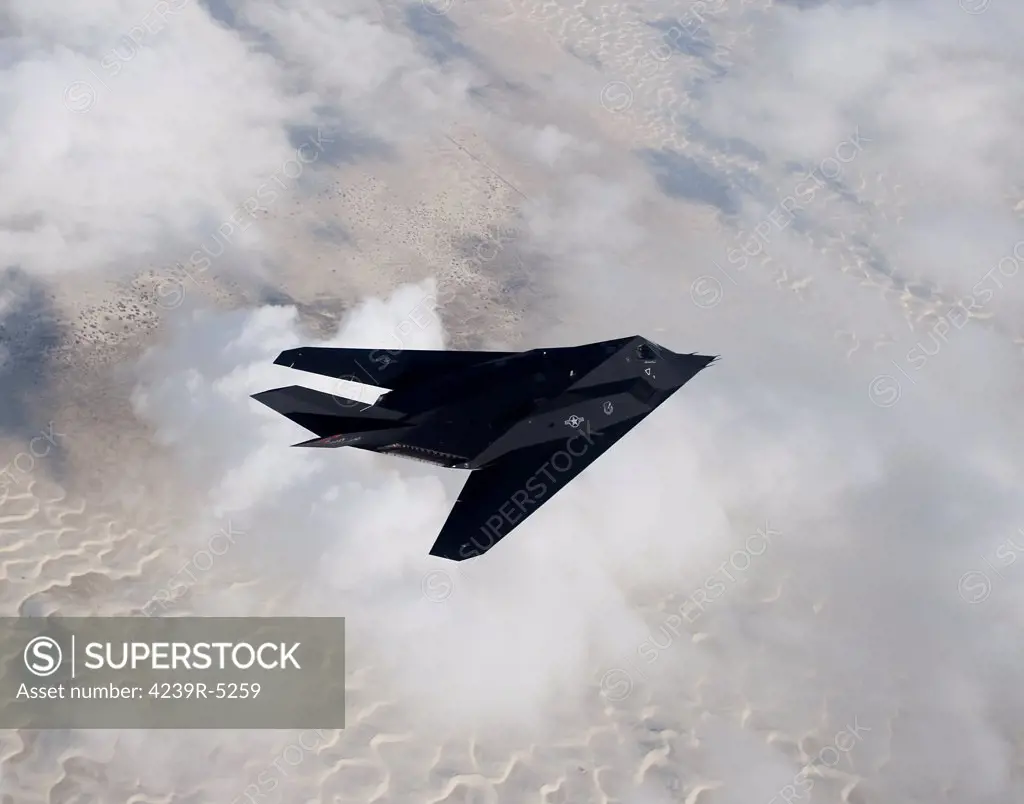 An F-117 Nighthawk from the 8th Fighter Squadron flies a training sortie out of Holloman Air Force Base, New Mexico.