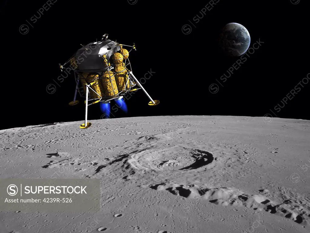 A lunar lander begins its descent to the moon's surface from an altitude of 40,000 feet