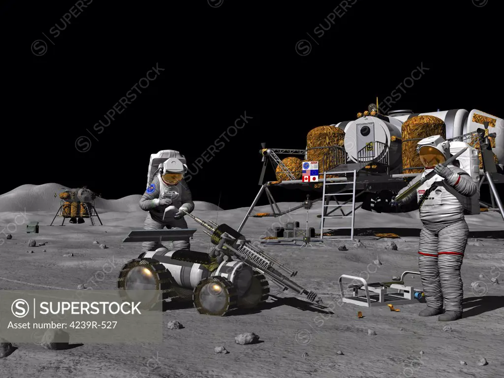 Lunar prospectors prepare a remote-controlled rover for exploring and drilling into the regolith in search of exploitable resources