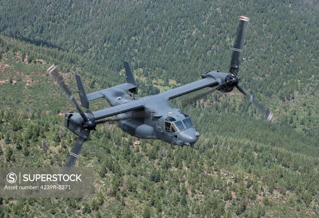 A CV-22 Osprey from the 71st Special Operations Squadron manuevers during a training mission out of Kirtland Air Force Base, New Mexico.