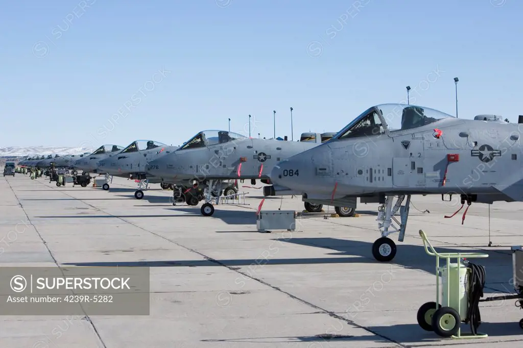 A line up of A-10 Thunderbolt aircraft on the ramp at the 190th Fighter Squadron in Boise, Idaho.