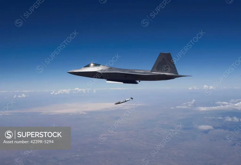 An F-22 Raptor releases a GBU-32 JDAM on a training mission out of Holloman Air Force Base, New Mexico.