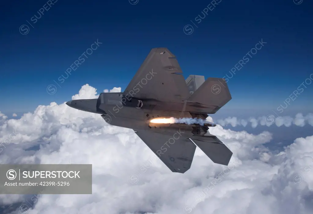 An F-22 Raptor releases a flare during a training mission out of Holloman Air Force Base, New Mexico