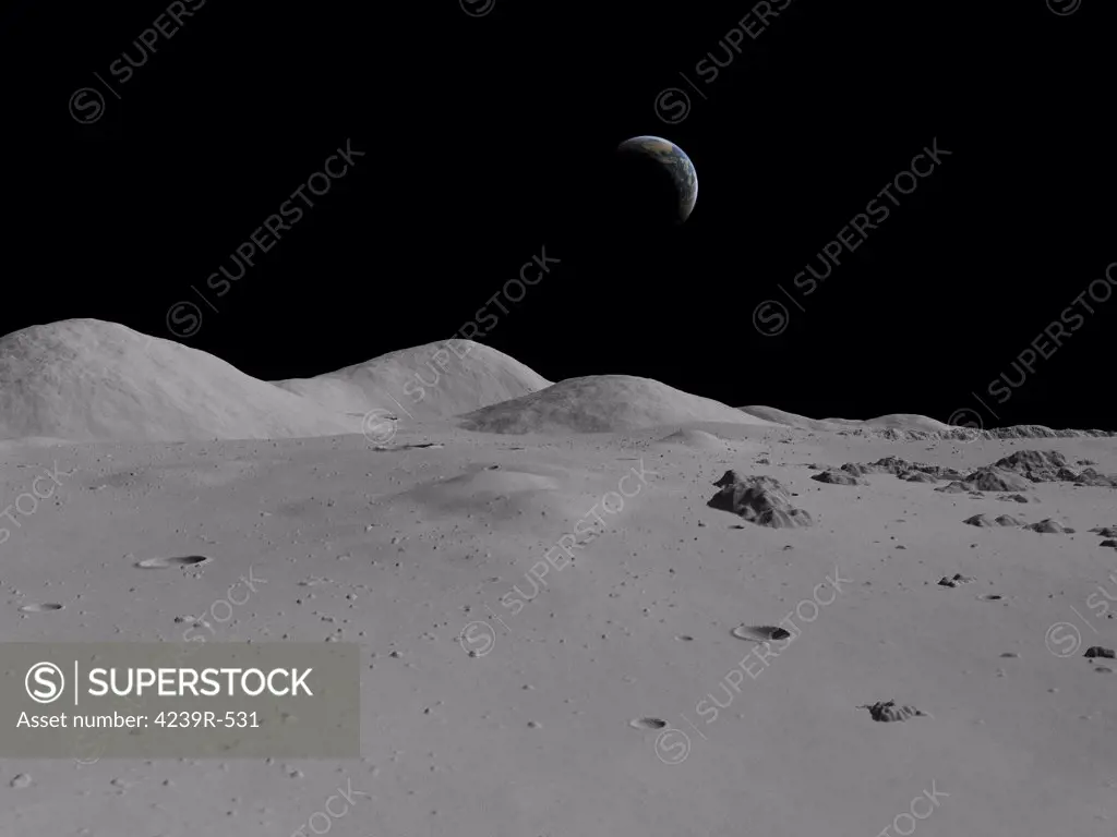Artist's concept of a view across the surface of the Moon towards Earth in the distance