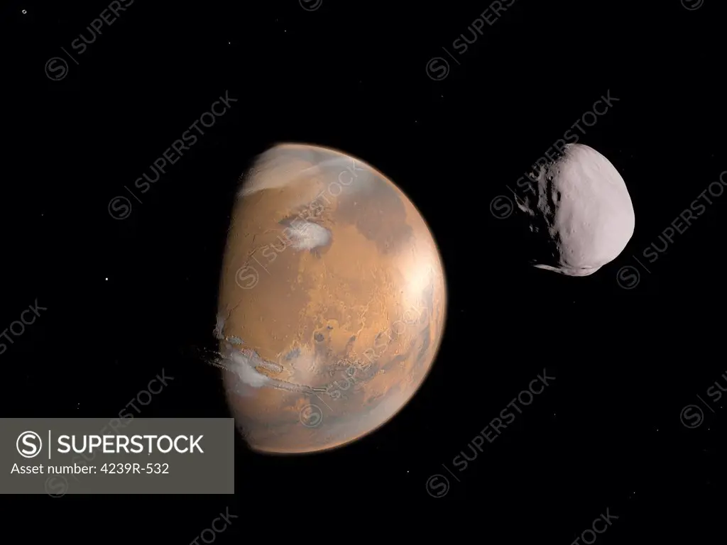 Artist' concept showing Mars and its even smaller satellite Deimos might appear from a distance of about 100 miles from the surface of Deimos