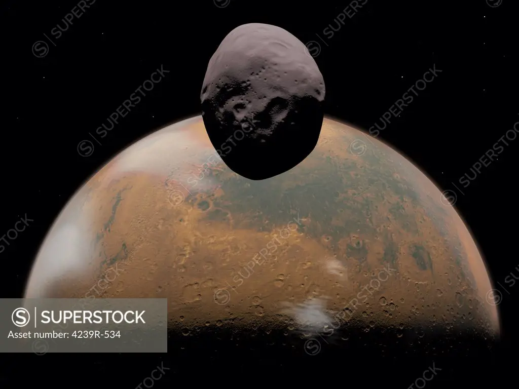 Artist's concept of how Mars and its tiny satellite Phobos might appear from a distance of about 100 miles from Phobos' surface