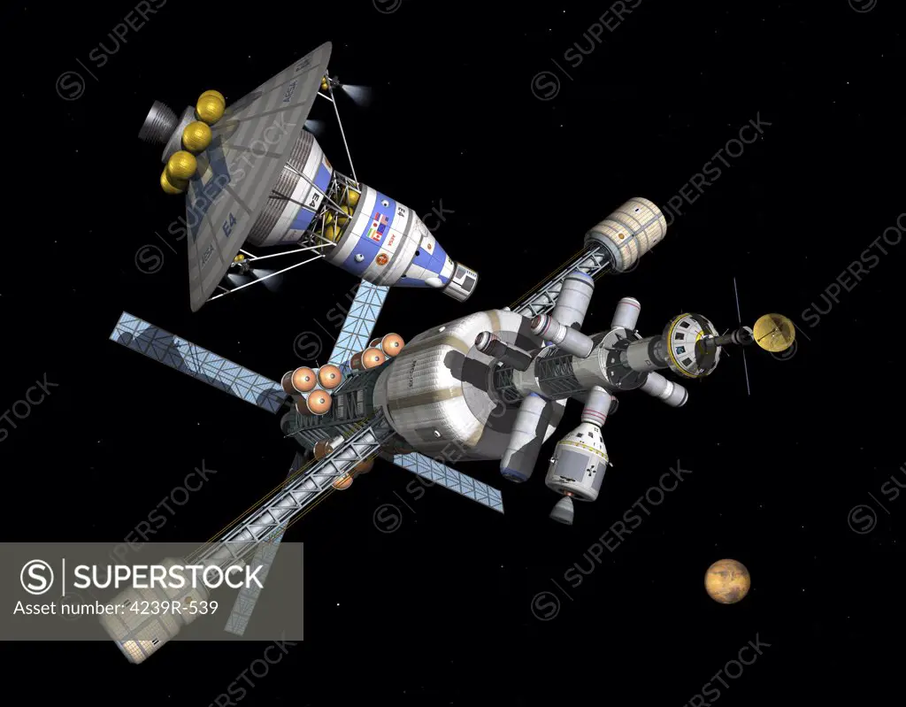 A manned Mars lander/return vehicle, upper left, disembarks from a Mars cycler for the surface of Mars