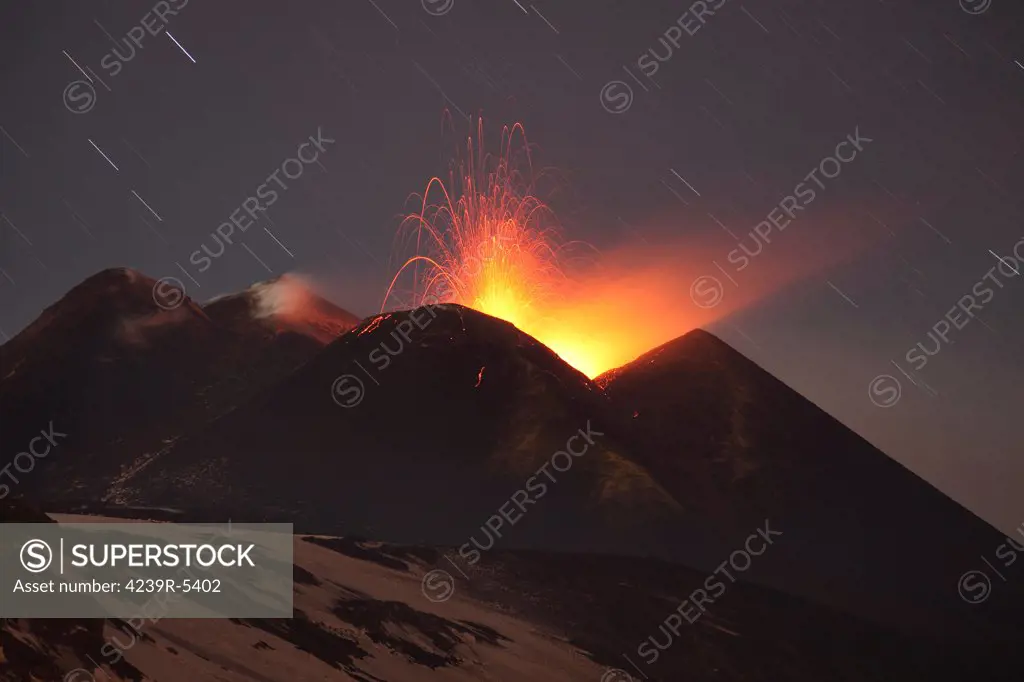 April 1, 2012 - Nighttime strombolian activity. Precursor activity of paroxysmal eruption at Mount Etna Volcano, Italy.