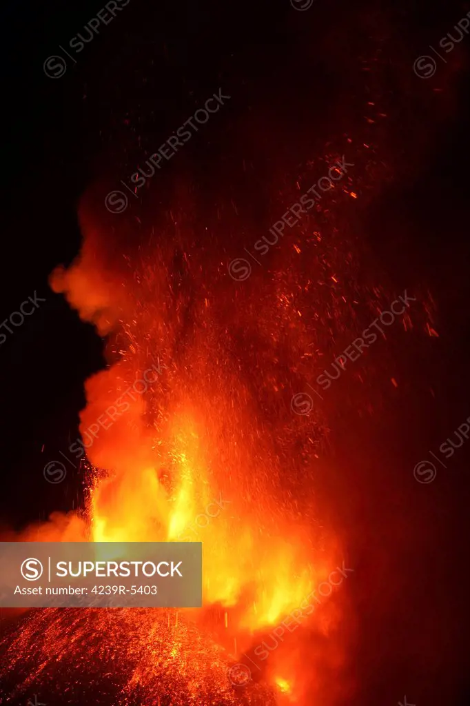 April 1, 2012 - Nighttime paroxysmal eruption at Mount Etna Volcano, Italy.